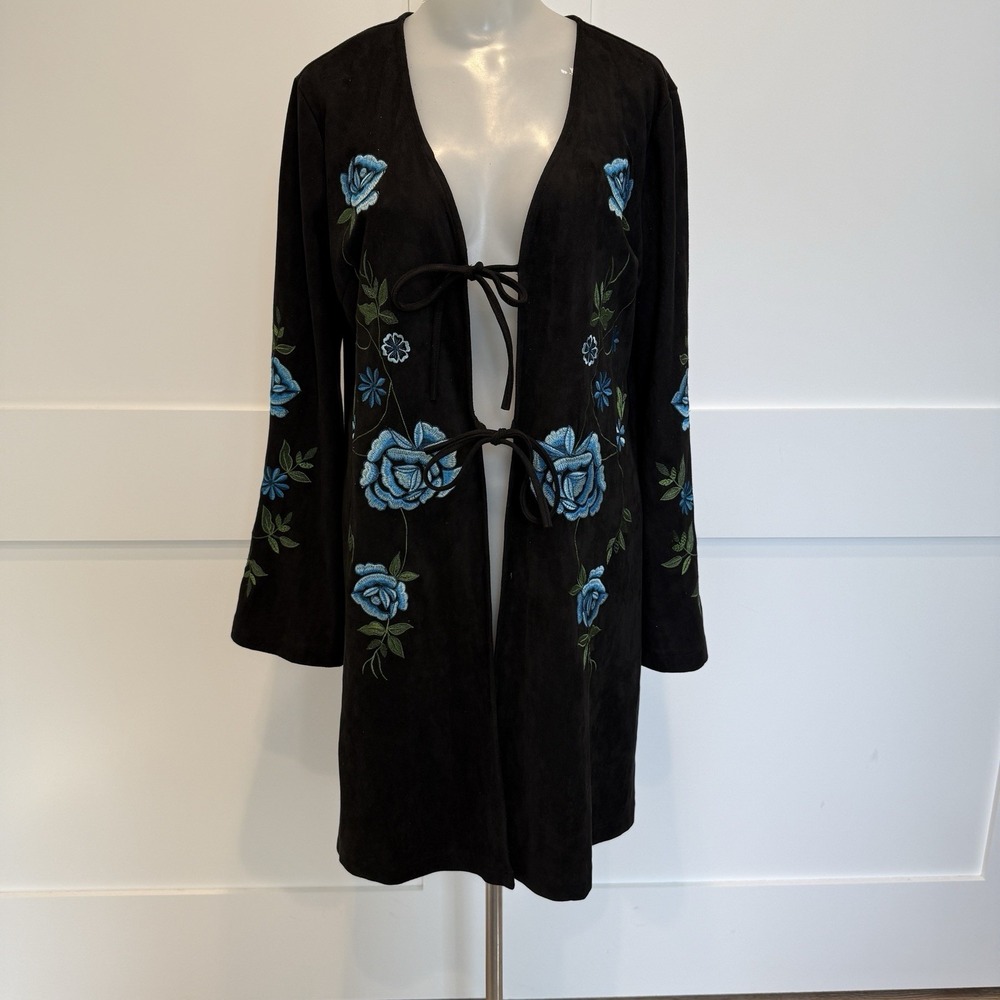 Black Suede Embroidered Floral Jacket Tie Front Boho Western Hippieβ Chic